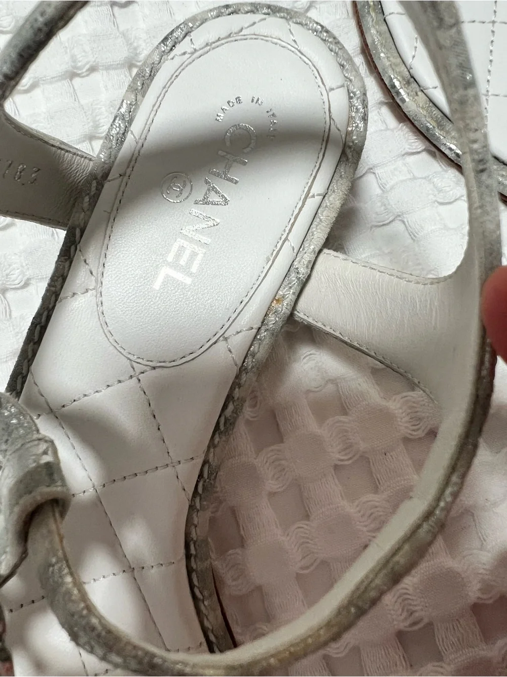 CHANEL White Silver Jeweled CC Logo Heeled Thong Sandals
